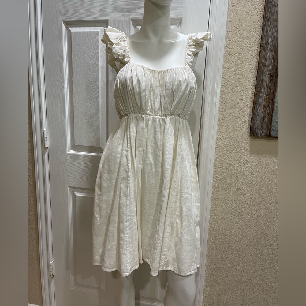 Abercrombie & Fitch Puff Strap Babydoll Linen Mini Dress In Cream Size Large - Picture 2 of 6